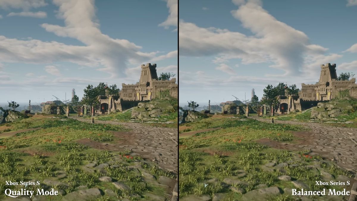 Screenshots showing difference in graphical quality between Balanced and Quality modes on Xbox Series S for Avowed
