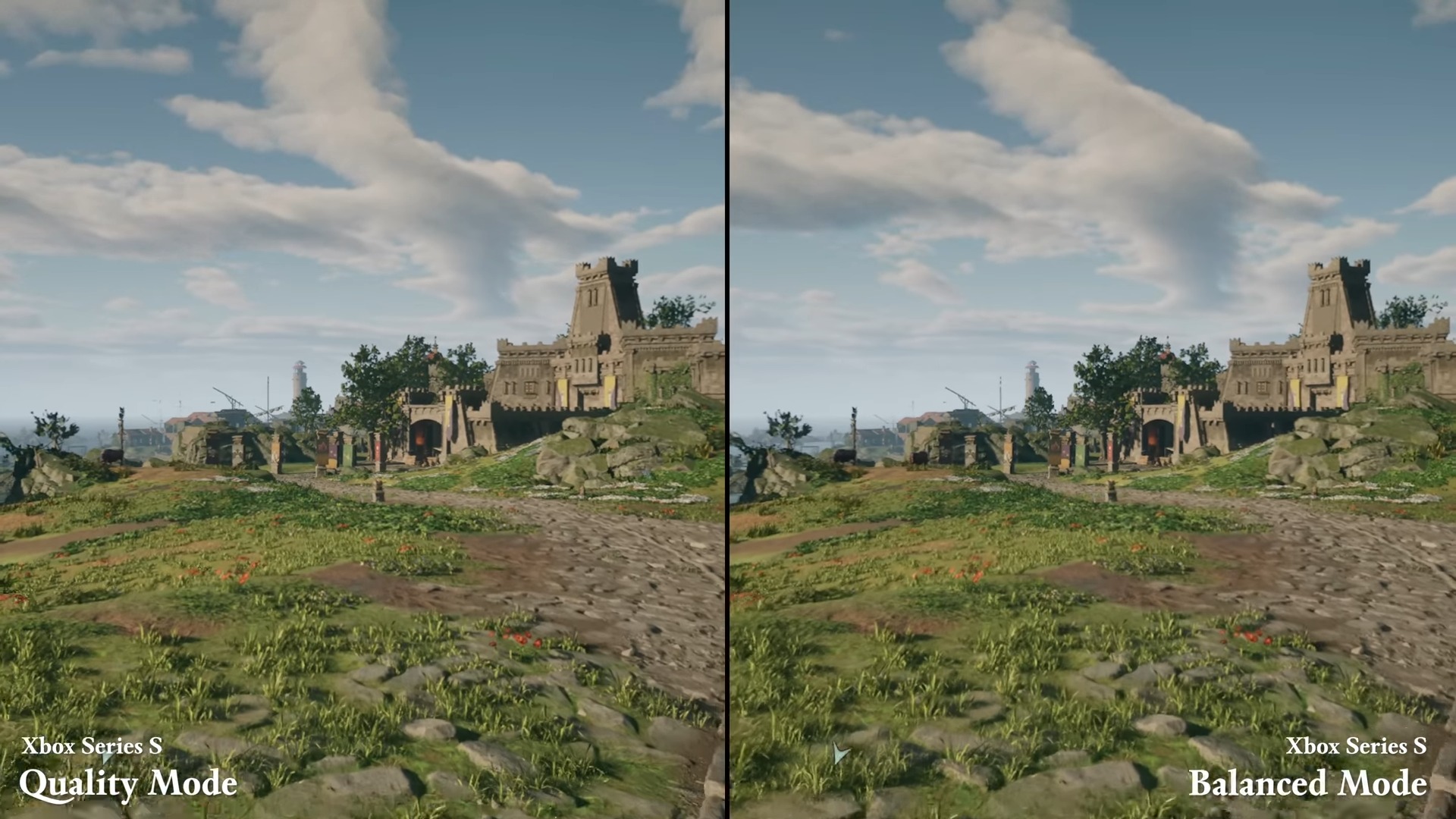 Screenshots showing difference in graphical quality between Balanced and Quality modes on Xbox Series S for Avowed