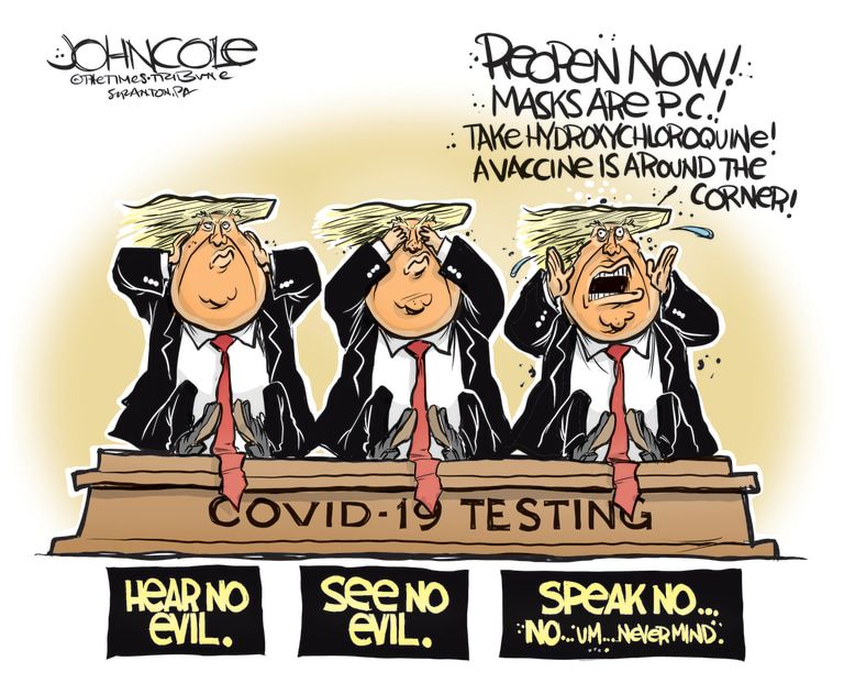 Political Cartoon U.S. Trump see hear speak no evil coronavirus hydroxychloroquine