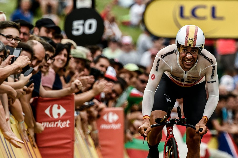 Spain's Jonathan Castroviejo crosses the finish line of the 20th stage of the 105th edition of the Tour de France