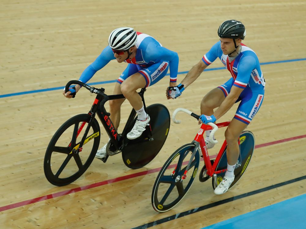 : Team of Czech Republic cyclist Jiri Hochmann and Martin Blaha in relay of the Men's Madison Final on Day 5 in 2017 UCI Track Cycling World Championships