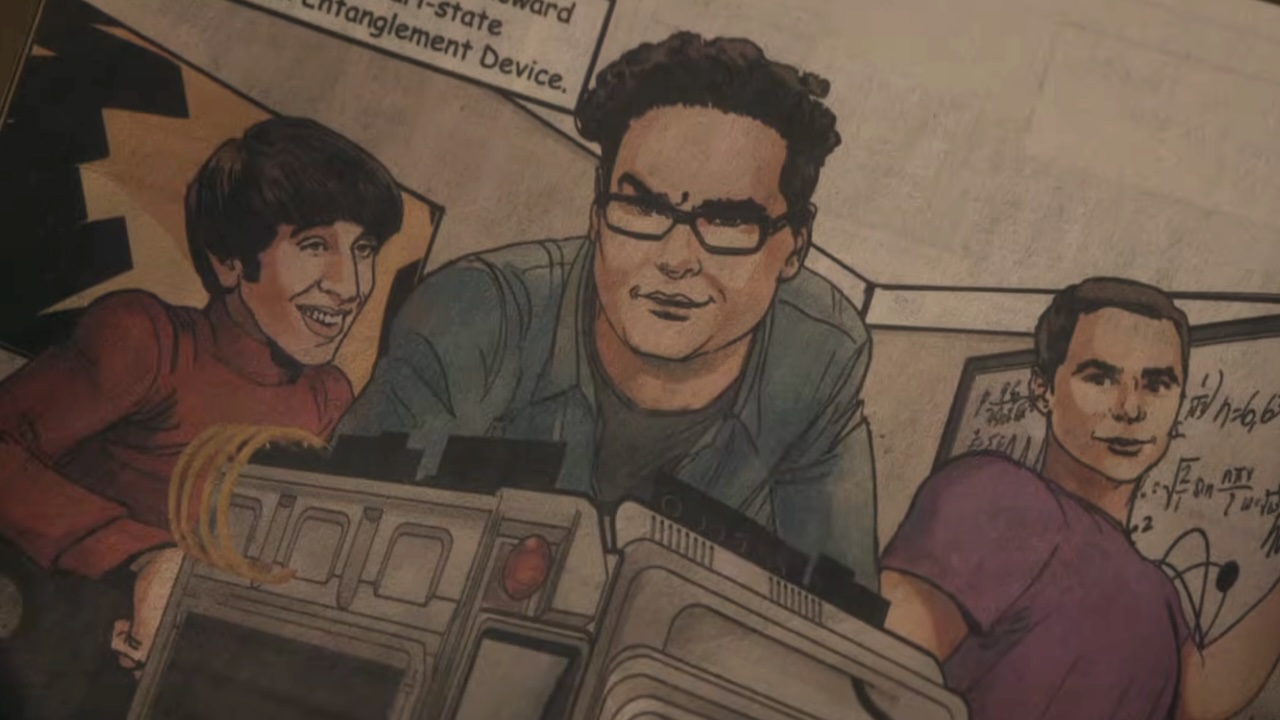 Comic book of Leonard, Sheldon and Howard in Stuart Fails to Save the Universe