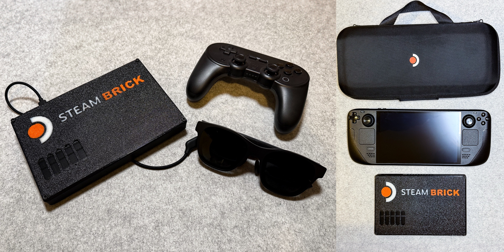 Knolling shot of Steam Brick with an external controller and AR glasses, with another comparing its size to the stock Steam Deck.