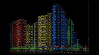 A cyberpunk city of skyscrapers, street furniture, people, and cars, entirely rendered in ASCII symbols.