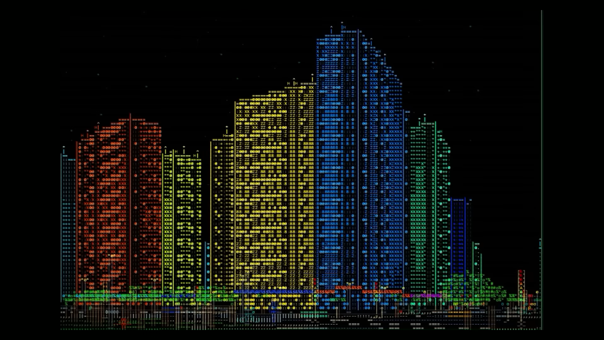 A cyberpunk city of skyscrapers, street furniture, people, and cars, entirely rendered in ASCII symbols.