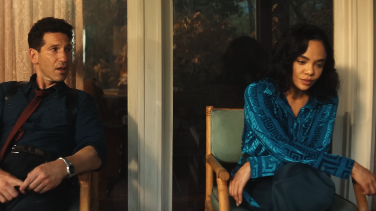 Jon Bernthal and Tessa Thompson sitting together in His &amp;amp; Hers