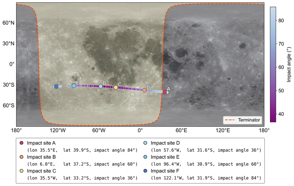 Mapa/simulação indicando possíveis locais de impacto na Lua em um corredor de probabilidade