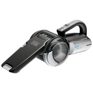 A black handheld vacuum cleaner with a long flat rectangular nozzle and a circular drum