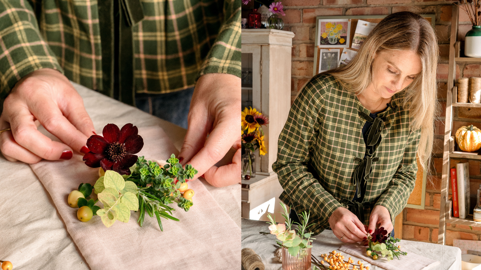 Woman creating a tiny posy of flowers and berries, placed on a pink cotton napkin