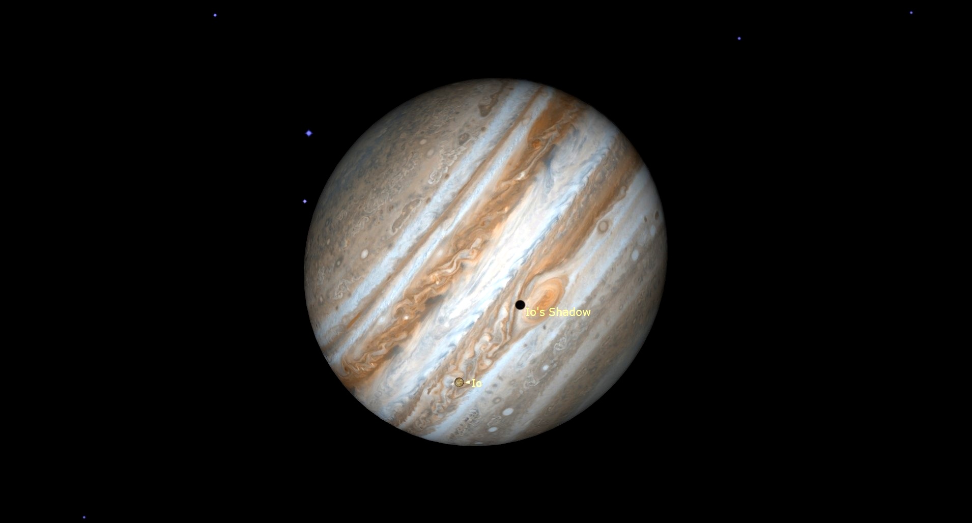 A large Jupiter hangs slanted to the left in black space, its giant red eye near its center, with the small shadow of labeled moon Io on its lid.