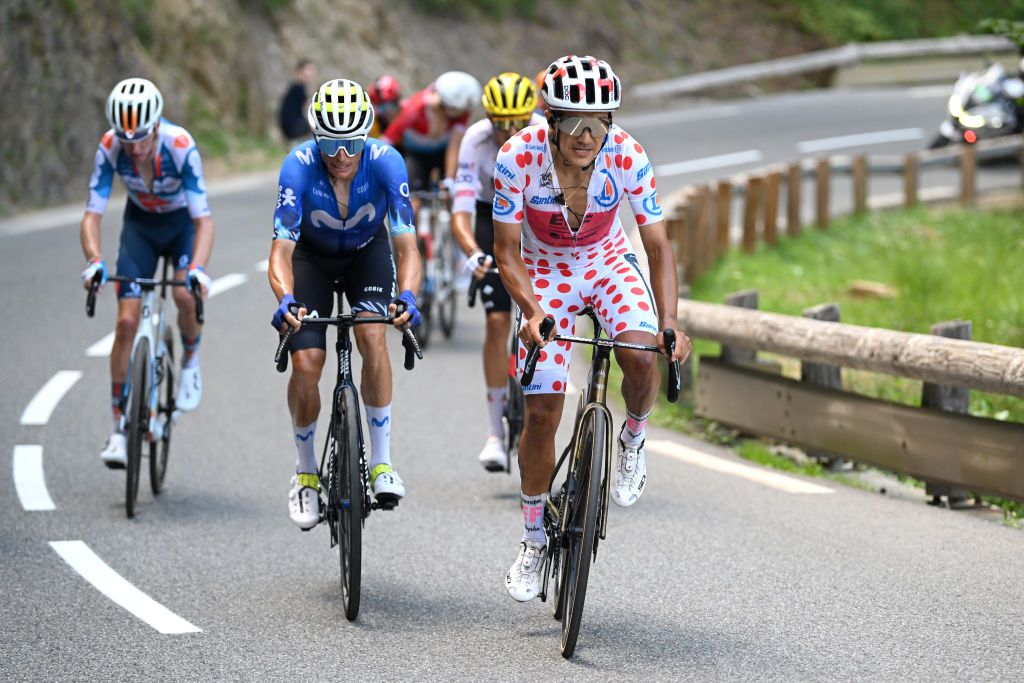 COL DE LA COUILLOLE FRANCE JULY 20 LR Enric Mas of Spain and Movistar Team and Richard Carapaz of Ecuador and Team EF Education EasyPost Polka dot Mountain Jersey compete in the breakaway during the 111th Tour de France 2024 Stage 20 a 1328km stage from Nice to Col de la Couillole 1676m UCIWT on July 20 2024 in Col de la Couillole France Photo by Dario BelingheriGetty Images