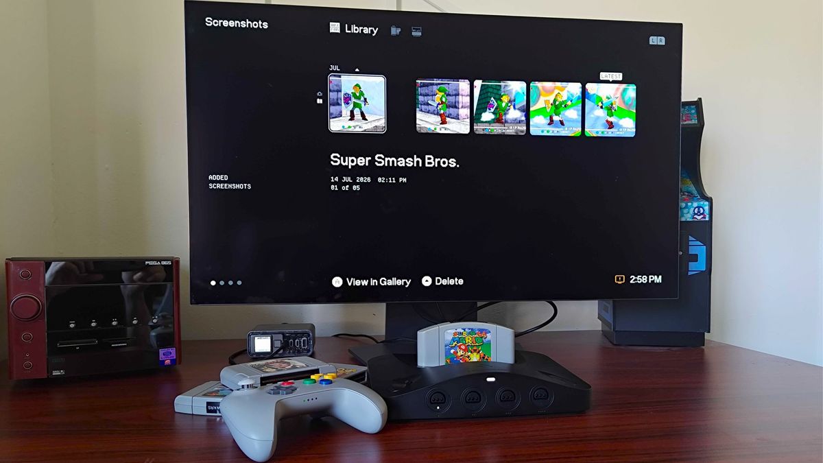 Analogue 3D plugged into monitor with library screenshots of Super Smash Bros displayed.
