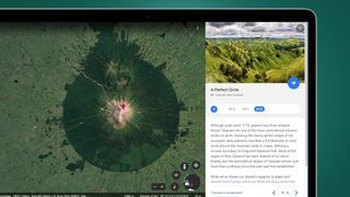 A laptop screen on a green background showing Google Earth Timelapse