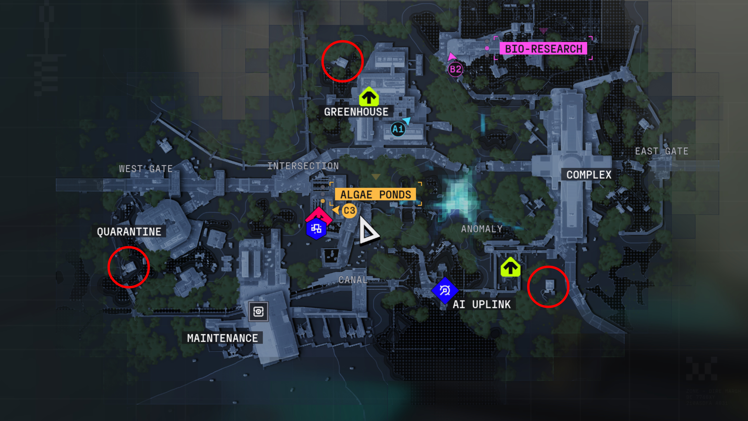 Marathon DCON: A map with three red circles marking the locations of DCON terminals on the Dire Marsh map.