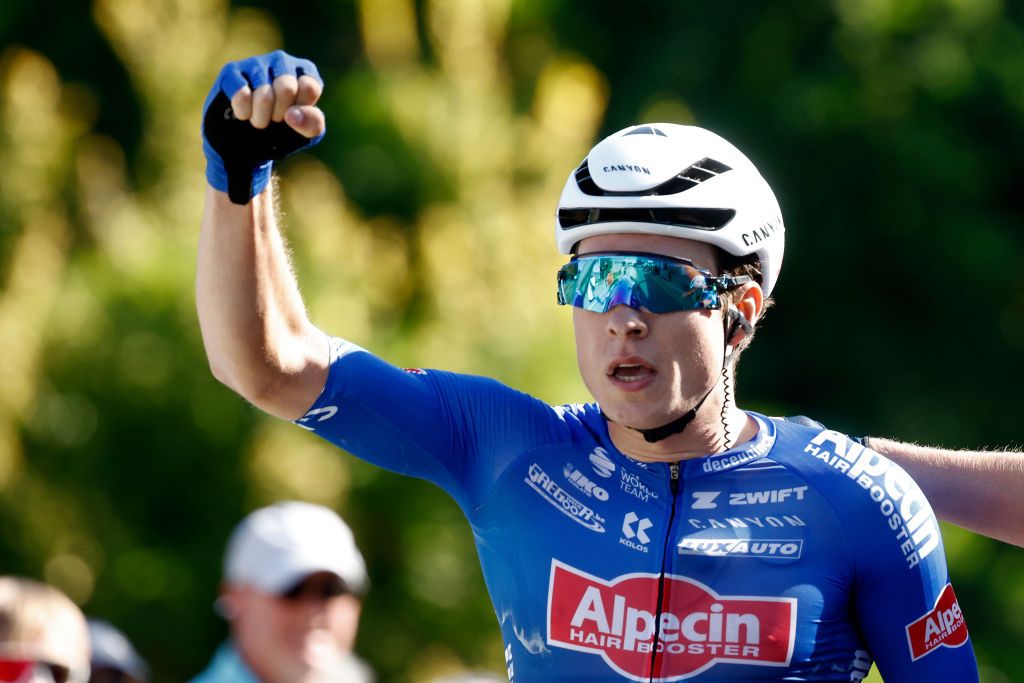 ARDOOIE BELGIUM AUGUST 23 Jasper Philipsen of Belgium and Team AlpecinDeceuninck celebrates at finish line as stage winner during the 19th Renewi Tour 2023 Stage 1 a 1829km stage from Blankenberge to Ardooie on August 23 2023 in Ardooie Belgium Photo by Bas CzerwinskiGetty Images