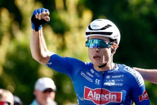 ARDOOIE BELGIUM AUGUST 23 Jasper Philipsen of Belgium and Team AlpecinDeceuninck celebrates at finish line as stage winner during the 19th Renewi Tour 2023 Stage 1 a 1829km stage from Blankenberge to Ardooie on August 23 2023 in Ardooie Belgium Photo by Bas CzerwinskiGetty Images