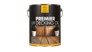 A can of Mann's premier UV decking oil with metal handle