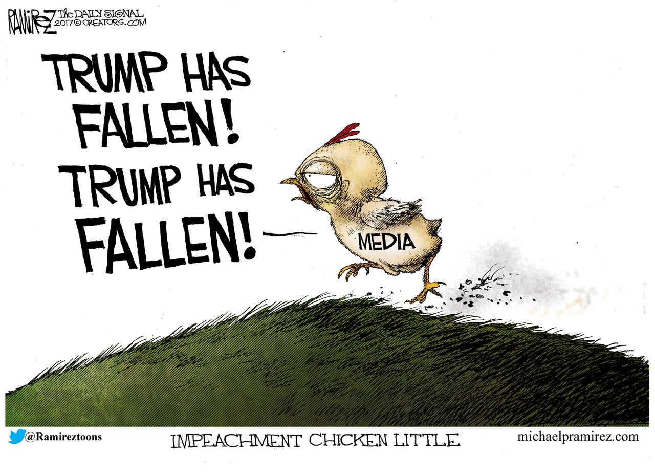 Political cartoon U.S. Trump impeachment Mainstream media Chicken Little