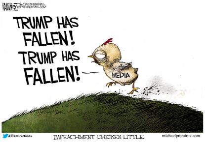 Political cartoon U.S. Trump impeachment Mainstream media Chicken Little