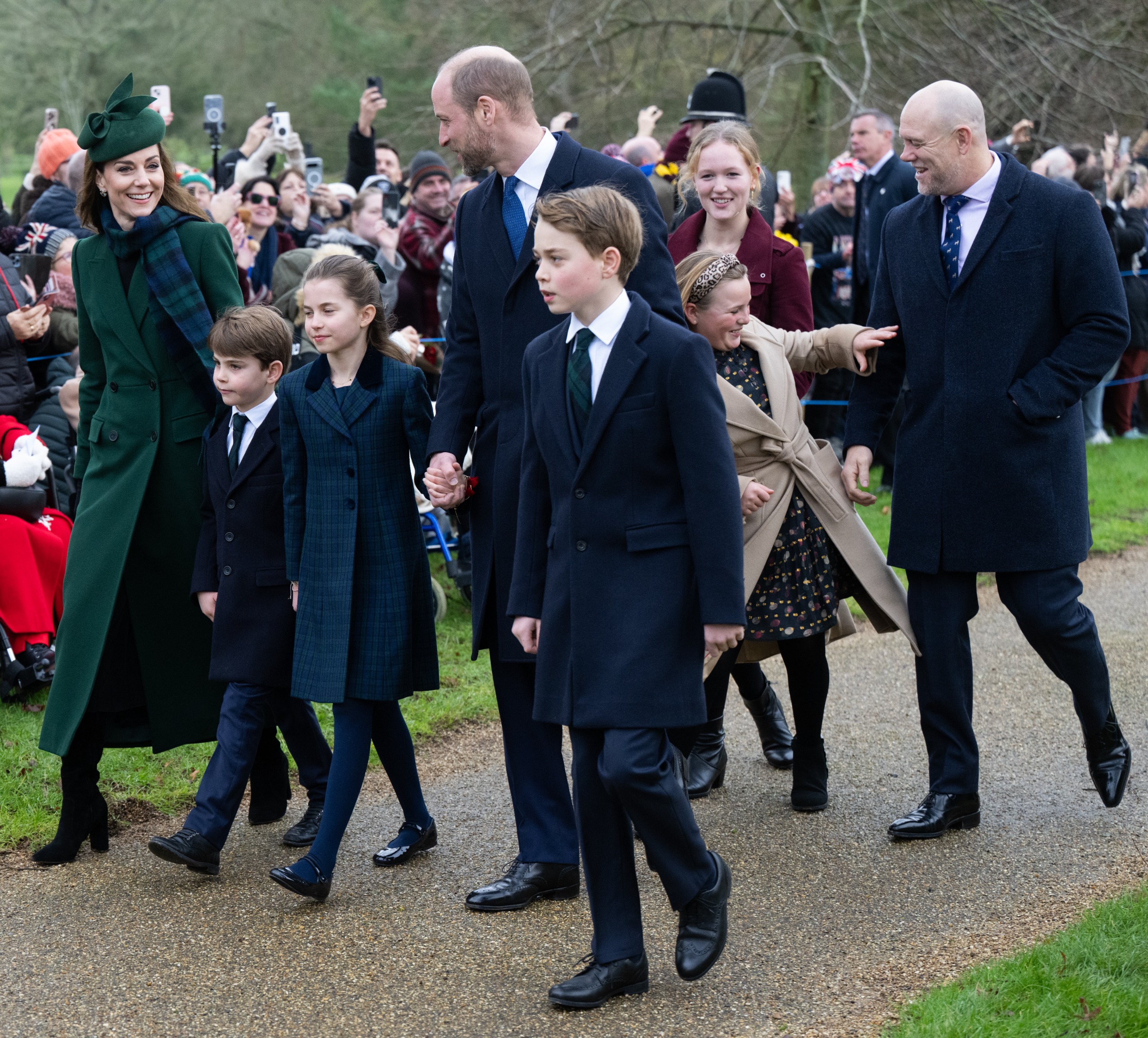 Princess Kate walking with Prince George, Prince Louis, Princess Charlotte, Prince William, Mike Tindall, Mia Tindall and Savannah Phillips on Christmas Day