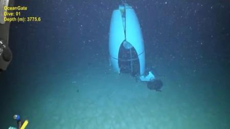 A view of a piece of the imploded Titan submersible on the ocean floor.