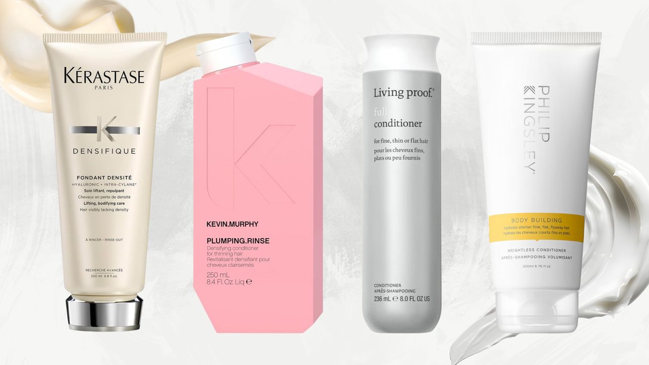 Collage of the best conditioners for fine hair (L-R) from Kerastase, Kevin Murphy, Living Proof and Philip Kingsley on a white marble background with product swatches