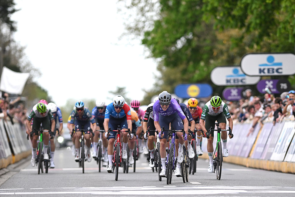 OVERIJSE, BELGIUM - APRIL 17: (L-R) Romain Gregoire of France and Team Groupama - FDJ United, race winner Anders Foldager of Denmark and Team Jayco AlUla and Eduard Prades of Spain and Team Caja Rural - Seguros RGA sprint at finish line during the 65th De Brabantse Pijl - La Fleche Brabanconne 2026, Men&amp;amp;apos;s Elite a 162.6km one day race from Beersel to Overijse on April 17, 2026 in Overijse, Belgium. (Photo by Luc Claessen/Getty Images)