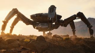 Arc Raiders Arc Flex Rubber: A Queen enemy walking on a rocky ledge.