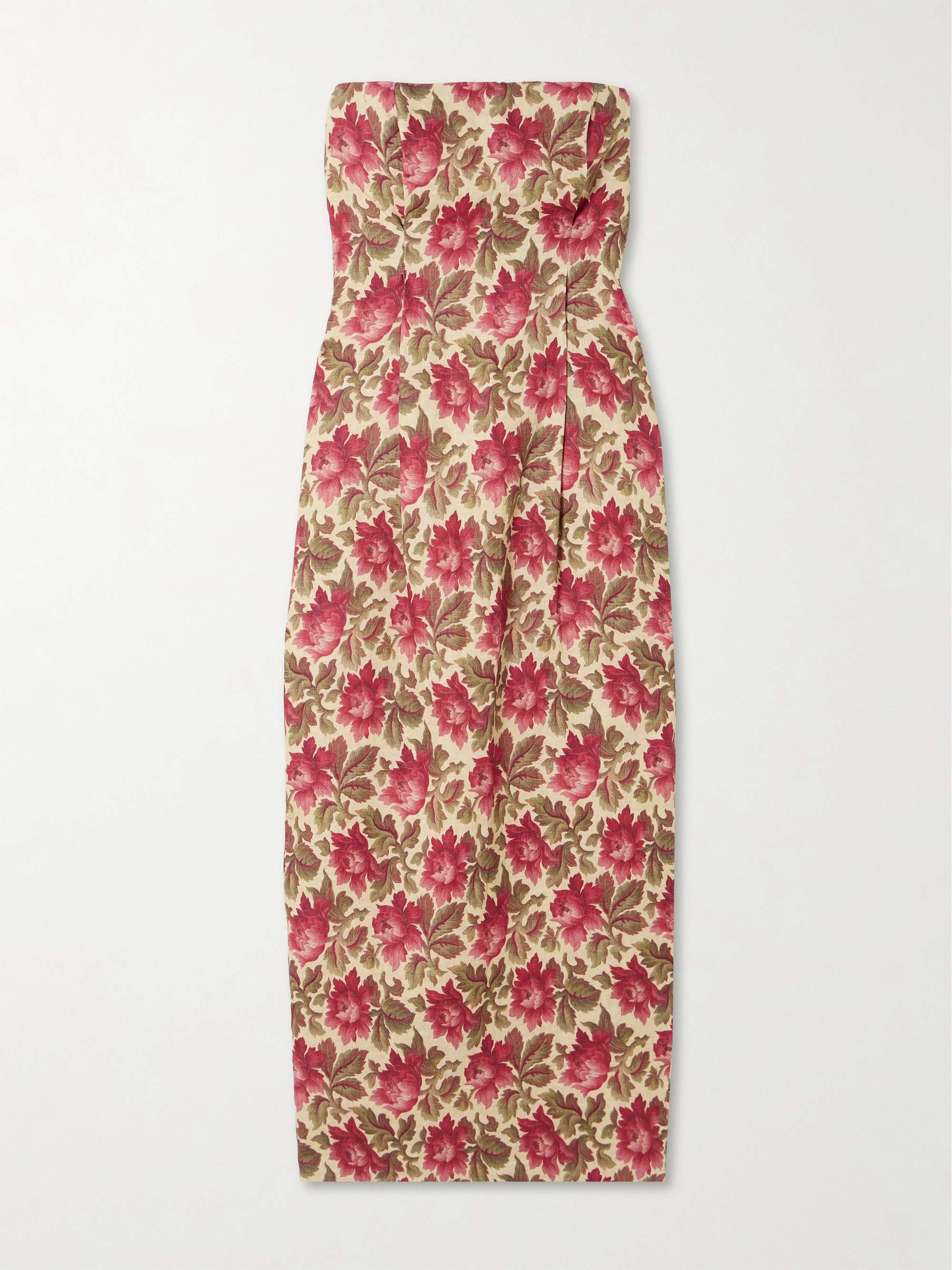 Rosalie Strapless Pintucked Floral-Print Linen Midi Dress