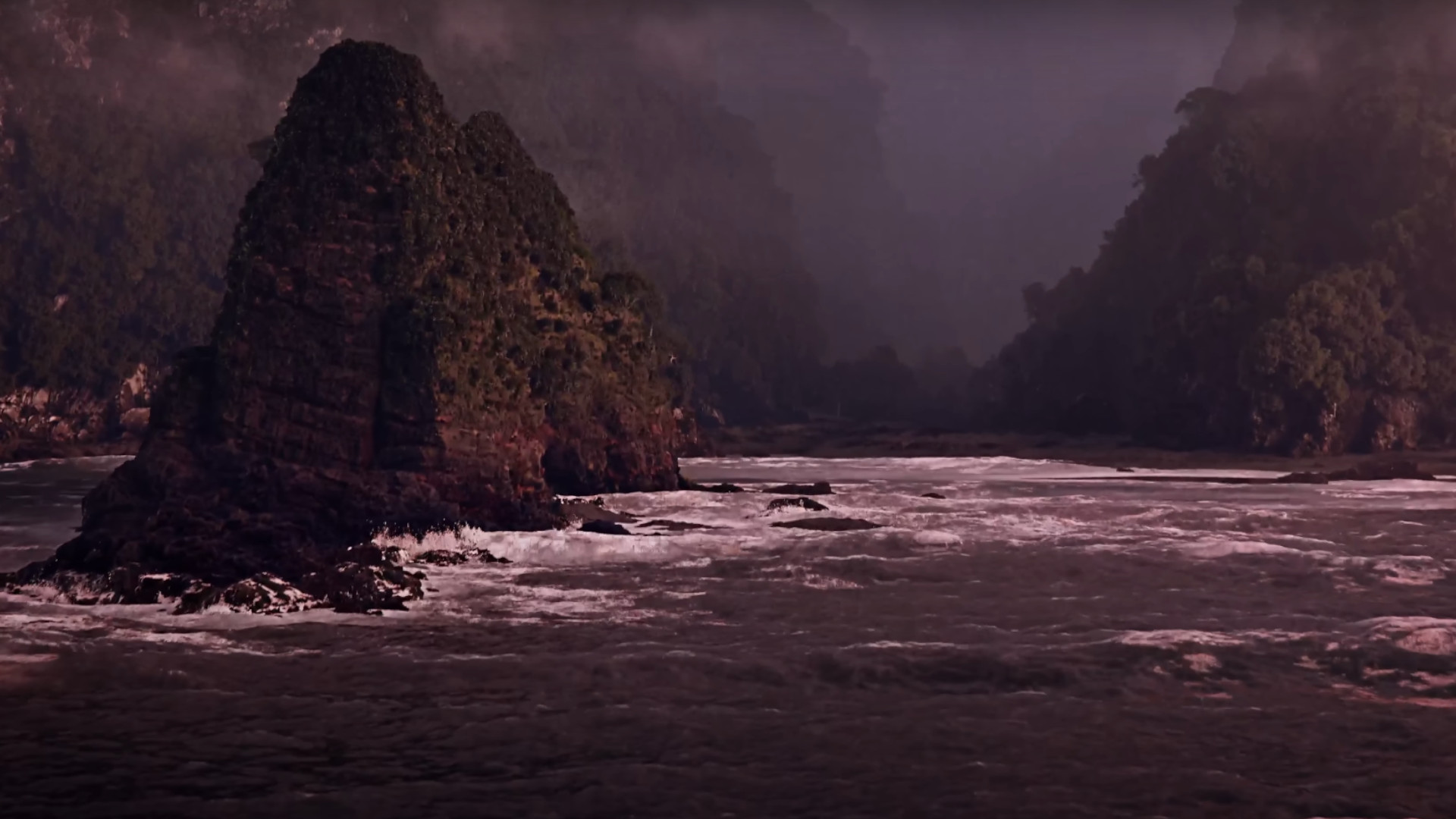 A screenshot of the island where Jurassic Park is located at dawn as seen during the trailer for the new game, Jurassic Park: Survival.