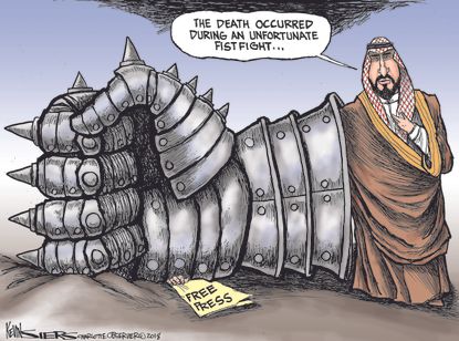 Political cartoon World Saudi Arabia bin Salman Jamal Khashoggi death fist fight free press