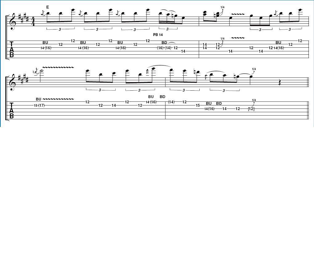 Example 2 - Major and minor pentatonic combination lick: Notice how this example changes freely between major and minor pentatonic lines. This is was an important facet of Clapton's playing at this time and has been ever since.
