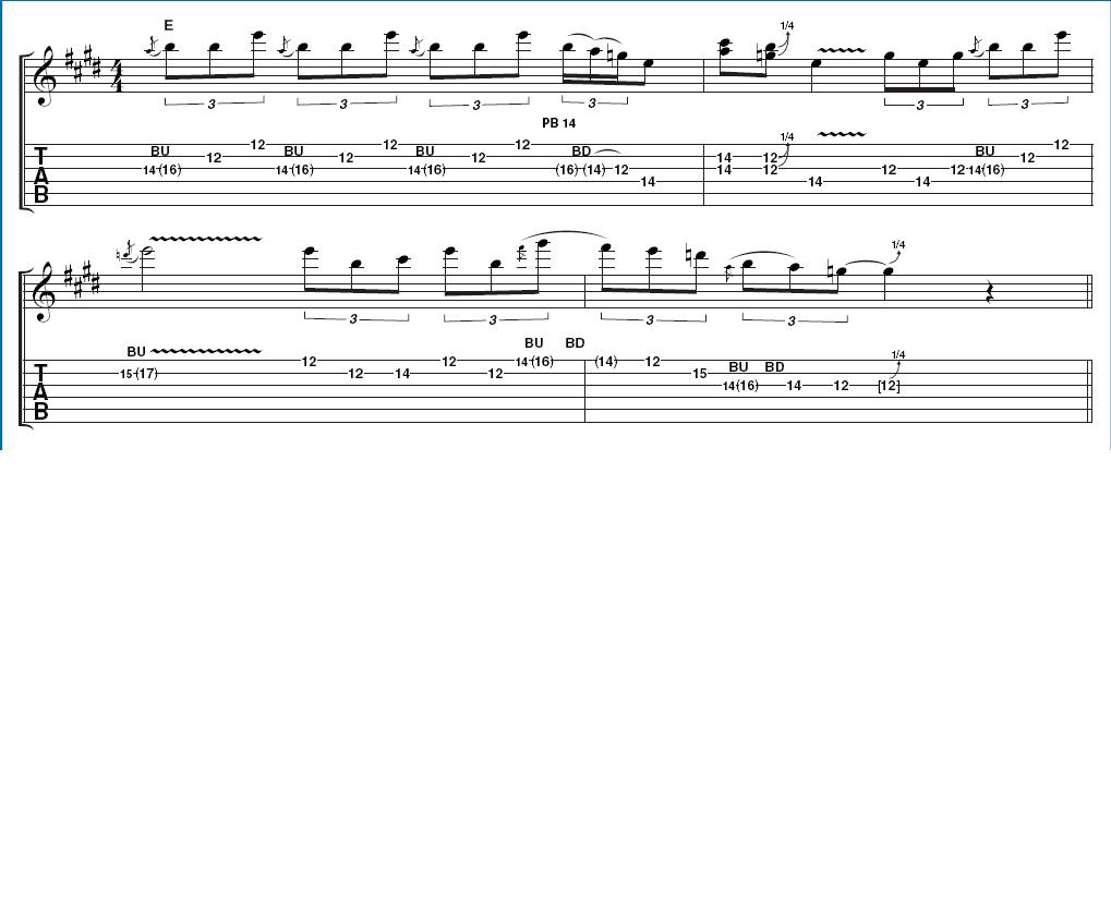 Example 2 - Major and minor pentatonic combination lick: Notice how this example changes freely between major and minor pentatonic lines. This is was an important facet of Clapton's playing at this time and has been ever since.