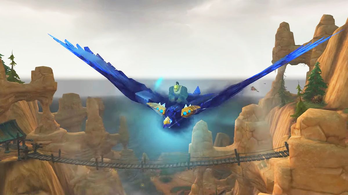 An orc from World of Warcraft gliding over a canyon on a midnight blue flying bird mount with gold armor on its wings and face