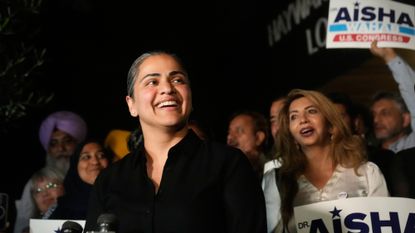 State Sen. Aisha Wahab, a Democratic candidate for Congress in California's 14th district, speaks during a primary election night event.