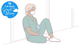 An illustration of a tired nurse wearing green scrubs, leaning back against a wall and closing her eyes