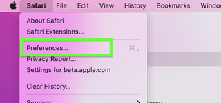 How to stop Safari from changing color on macOS step 2. Click Preferences.