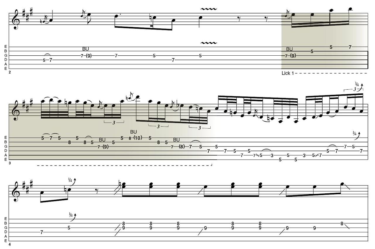 Lick 1: Stevie would put this lick, or any number of variations on it, in any part of a blues song, slow or fast. It&acute;s a direct descendant of Hendrix, and what makes it different is the fact that the hammer-on, pull-off move uses a tone (fifth to seventh fret) on the first string instead of the more common minor third (fifth to eighth frets).