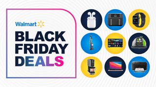 Collage of tech products in the Walmart Black Friday sale including AirPods, Ninja Air Fryer, Apple Watch, LG TV, MacBook Air and a Canon printer next to the TechRadar Black Friday deals logo