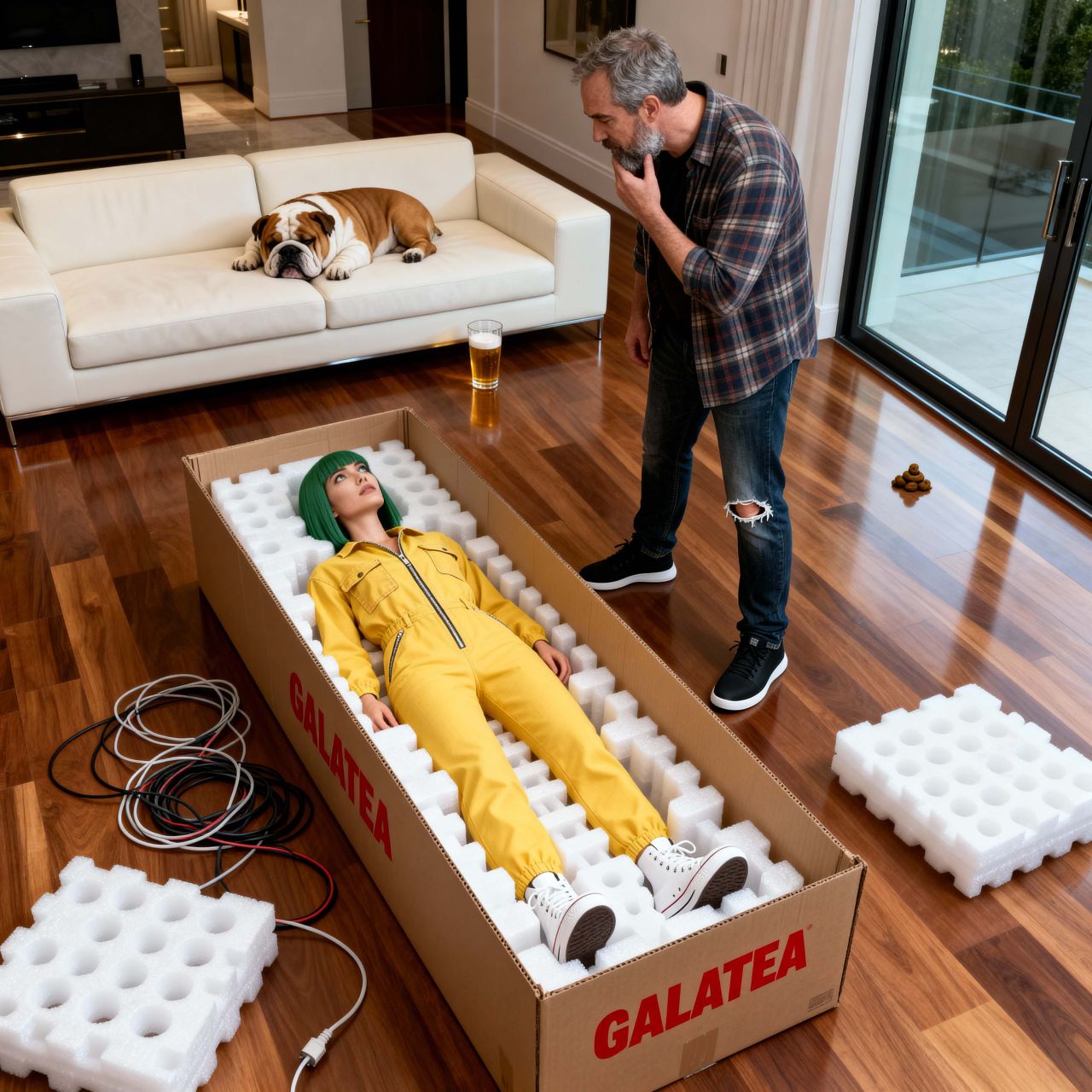 AI-generated image of a green-haired woman in a yellow jumpsuit lying inside a foam-lined cardboard box labelled "Galatea", with a man looking down at her and a bulldog asleep on a sofa behind him.