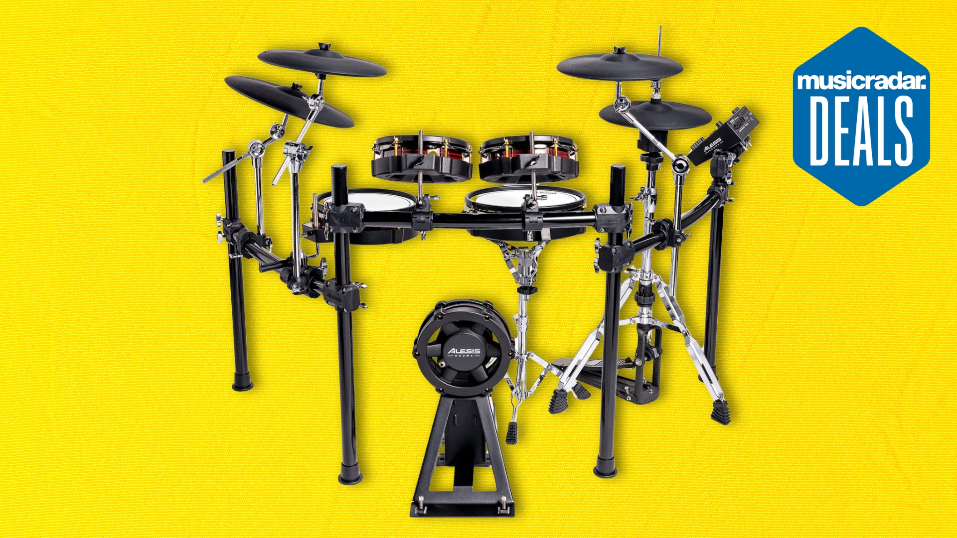 An Alesis Strata Core electronic drum set on a yellow background