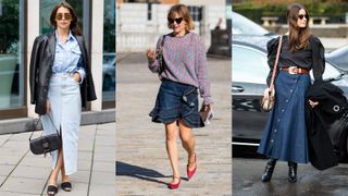 A composite of street style influencers showing how to style a blue denim skirt