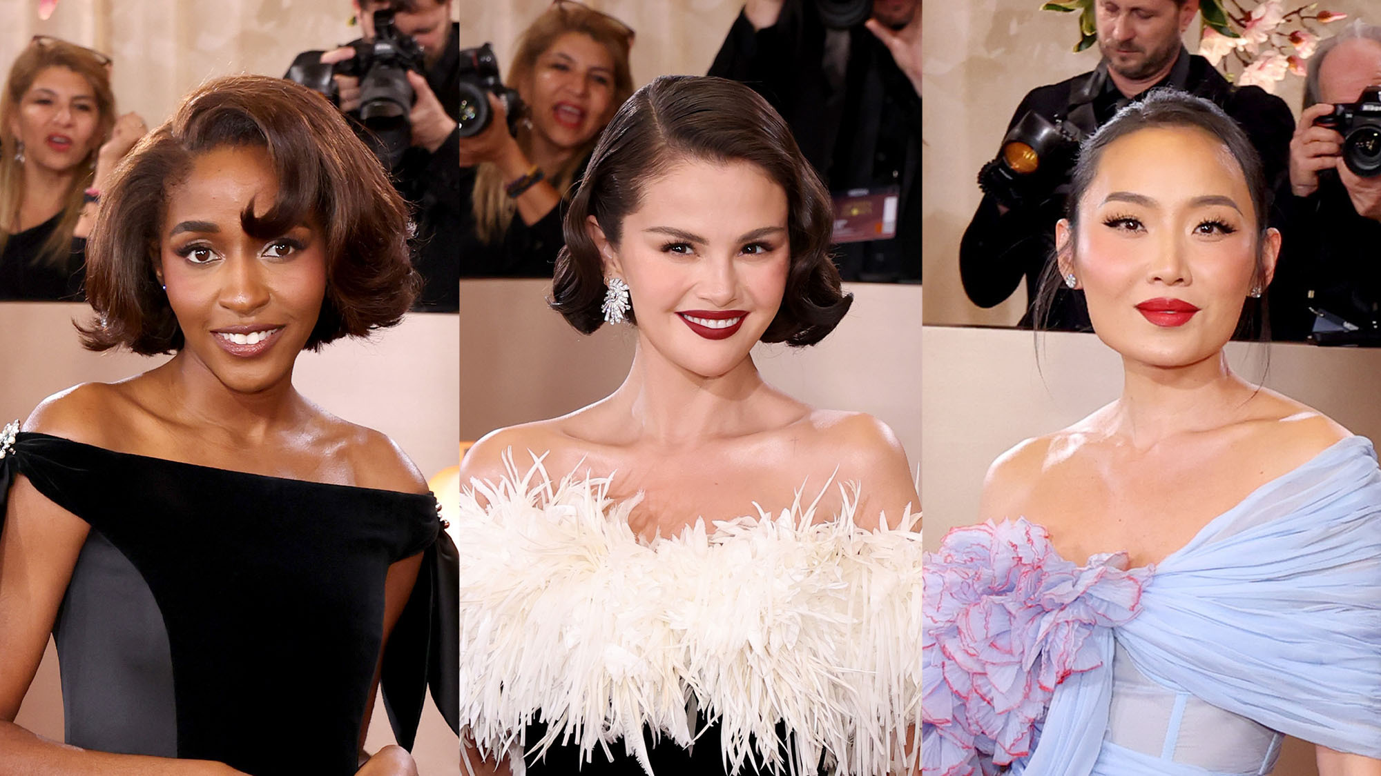 Selena Gomez, Ayo Edebiri, and Li Jun Li at the Golden Globes