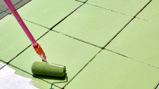 Roller with extension pole painting grey patio slabs green