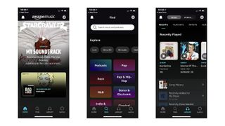 Screens of the amazon music hd app