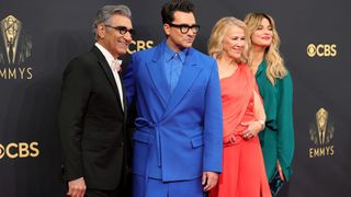 Eugene Levy, Dan Levy, Catherine O'Hara and Annie Murphy arriving at the 2021 Emmys