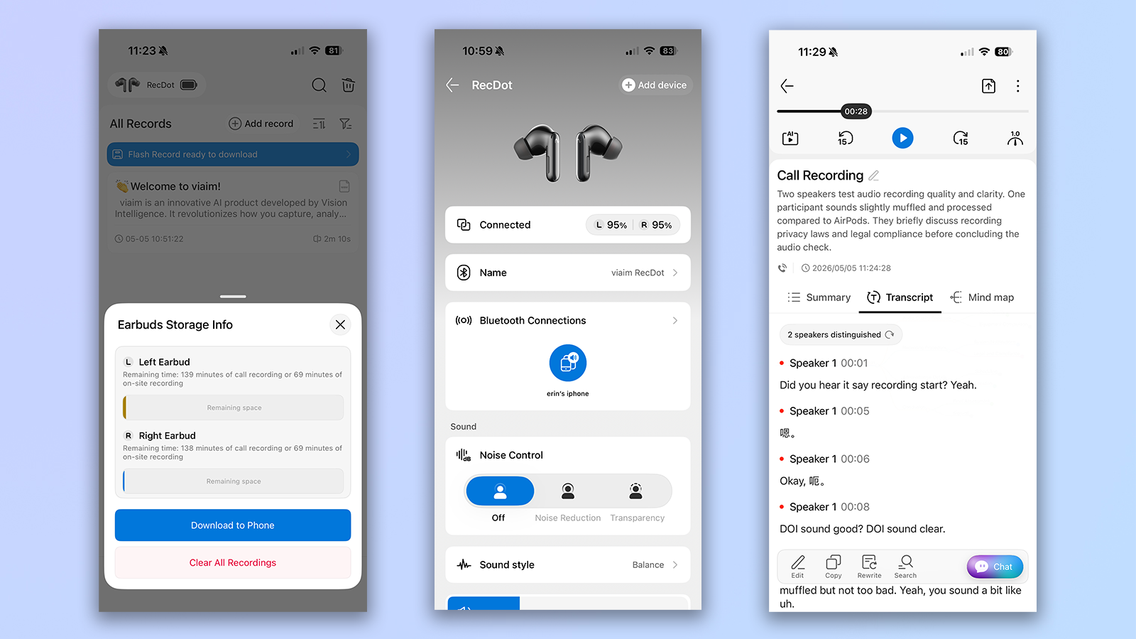 three screenshots from the viaim app showing transcription