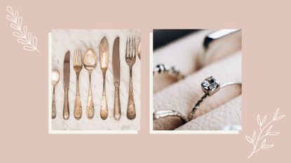 a collage image showing a row of silver cutlery on the left, and silver rings in a storage box to the right, against a light pink background