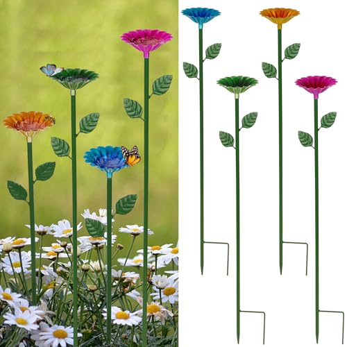 Retyion 4 Pack Bee Watering Station, Bee Bath for Garden Metal Bee Water Feeder With Flower Design, Colorful Butterfly Bee Bath Bowl for Outdoor Garden Yard Decor (red,green,blue,yellow)