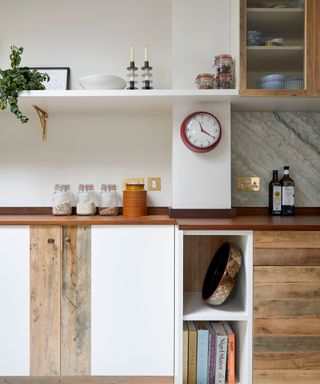 kitchen with white and exposed wood cabinets
